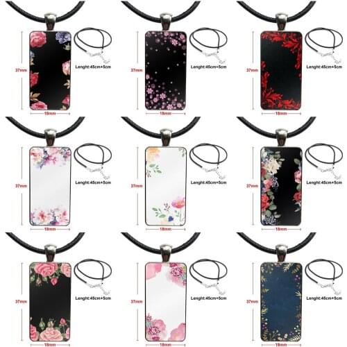 Hot Flower Retro Rose Floral Leaves Design Fashion Vintage Glass Women Rectangle Necklace Pendants For Women