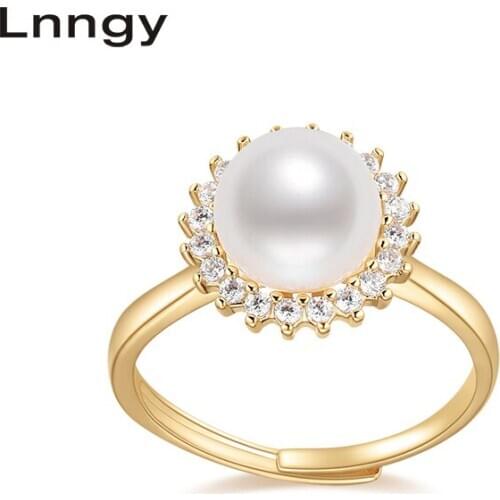 Lnngy 14K Gold Filled Ring 8.5-9mm Natural Cultured Freshwater Pearl Adjustable Halo Ring Women Wedding Anniversary Fine Jewelry