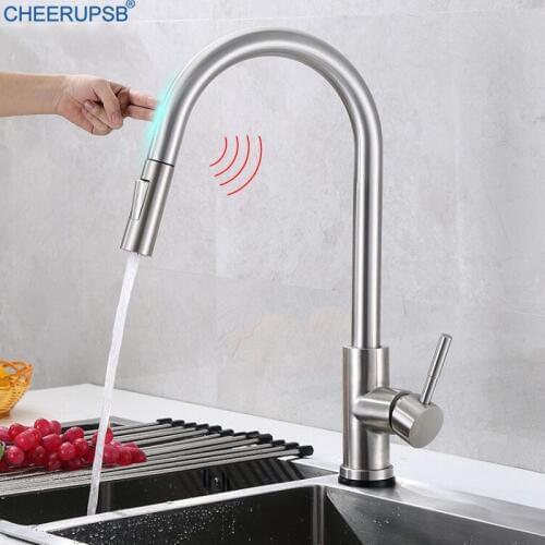 Kitchen Sink Touch Sensor Faucets Pull Down Smart Inductive Tap Hot Cold Water Mixer Crane Deck Mount Brushed Nickel Auto Faucet