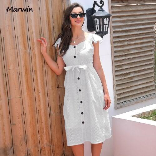 Marwin Simple Long Casual Solid Hollow Out Pure Cotton Holiday Style High Waist Belt Botton Mid-Calf Summer Dresses NEW Vestidos
