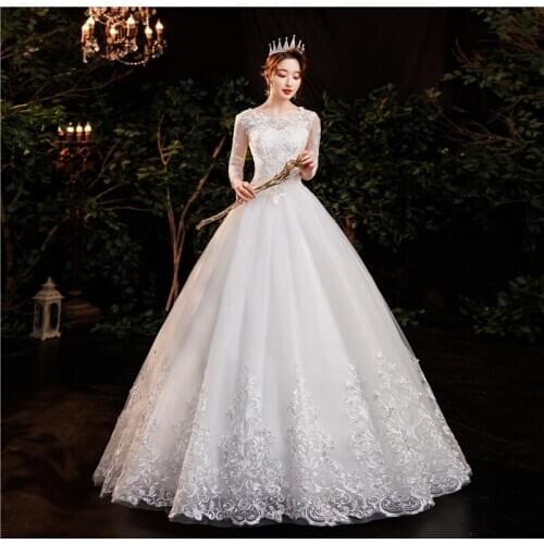 2021 New O Neck Long Sleeve Wedding Dresses Muslin Long Lace Embroidery Train Bridal Gown Elegant Plus Size Vestido De Noiva