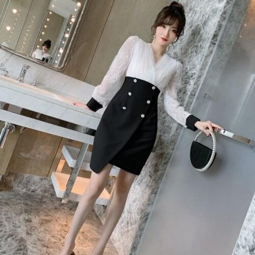 Autumn Winter 2020 Elegant Dress Women for Wedding Party Lace Patchwork White Dress Lady Double Button Fashion Mini Dress Ladies