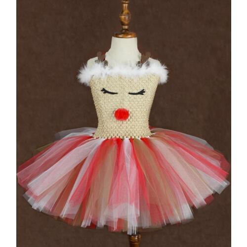 New Christmas Day Reindeer Costume New Year Party Fluffy Tutu Dress Girls Halloween Cute Animal Dress Baby 1st Birthday Clothes