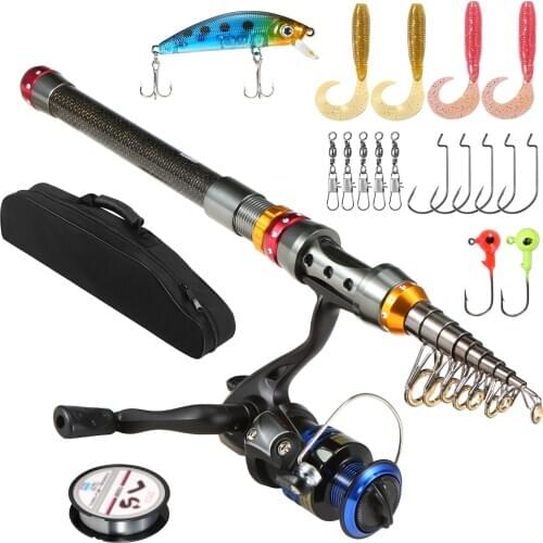 Portable Lure Rod Set Spinning Reel Fishing Rod Combos Full Kit Telescopic Fishing Rod Pole Reel Line Lures Hooks Fishing Gear