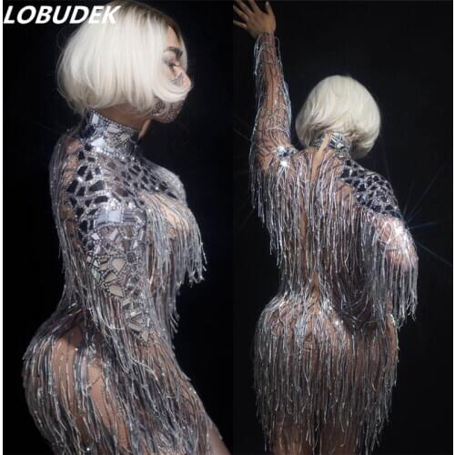 Big Stretch Mesh Transparent Mirrors Tassels Dress Singer Dancer Concert Stage Performance Costume Sexy Stage Wear Dance Outit