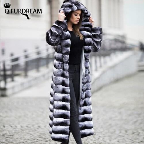 Q.FURDREAM New Woman Rex Rabbit Fur With Hood Chinchilla Color Fur Coat Winter Warm Outerwear Whole Skin Natural Luxury Jacket