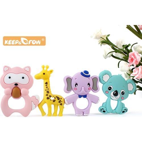 Keep&Grow Cartoon Baby Teether Animal Silicone Teether Raccoon Elephant Koala Giraffe DIY Baby Teething Toys Accessories