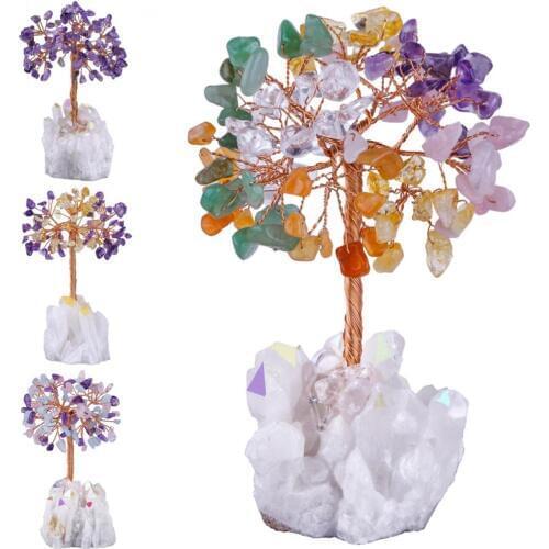 TUMBEELLUWA 4.5''Natural Crystal Lucky Money Tree, Aura Titanium Coated Rock Quartz Cluster Base Bonsai Sculpture for Home Decor