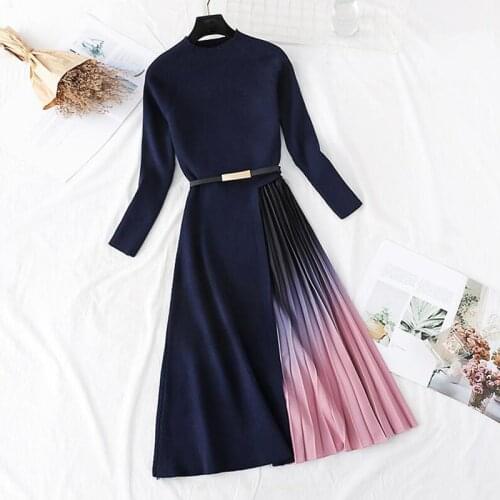 Knitted Dress Women Autumn Winter Temperament Slim Midi Knit Stitching Gradient Color Pleated Sweater Dress Bandage Vestido