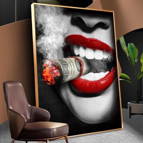 WANGART poster print high quality red Sexy Lips Woman Cigarette Oil Painting Canvas Wall Pictures for Living Room Home Decor