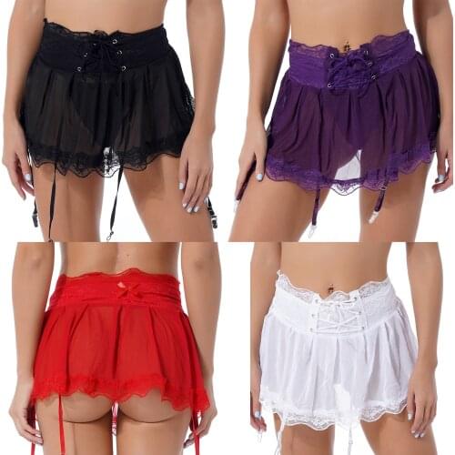 Women See-Through Mesh Lace Trimming Miniskirt Nightwear Lace-Up Back Garter Belt Skirt with G-String Lingerie