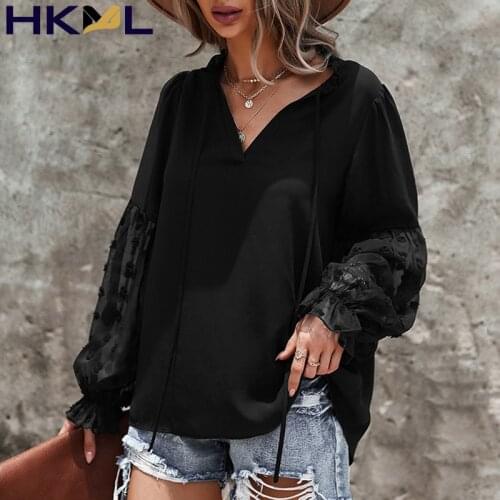 2021 New Women Tops Solid Color Lace Up V-Neck Long Lantern Sleeve Chiffon Casual Loose Blouses Autumn
