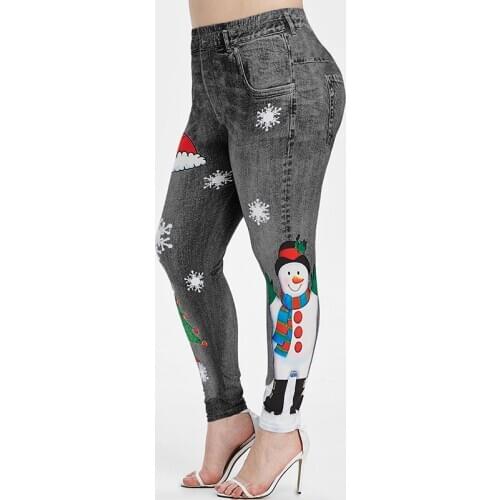 Merry Christmas Snowman Cute Jeggings for Women High Waist Ankle Length Lovely Leggings Ladies Blue Spandex Skinny Workout Pants