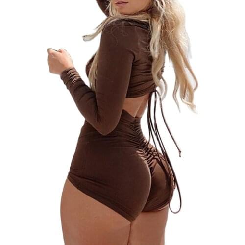 Women Slim-fit Zipper Jumpsuit Long Sleeve Brown Shirt Sexy Spring Summer Casual Wear Lace Up Skinny Bodysuits