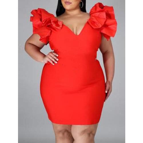 Summer Bandage Dresses Women Sleeveless Ruffles Red V Neck Hig Waist Sexy Bodycon Mini Cocktail Evening Party Robe for Ladies