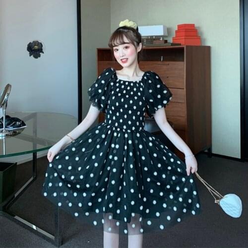 2021 Summer High Waist Knee-length Mesh Dress Women Print Elegant Puff Sleeve Princess Dresses Fashion Party Korean Style Dress