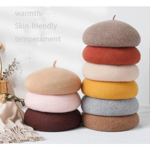 Beret 2021 New Childrens Woolen Beret Autumn and Winter Retro Solid Color Princess Hat Parent-child Kid Pumpkin Hat Baby Hat