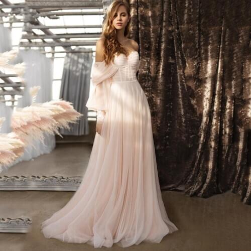 Boho Wedding Dresses Bohemian Off Shoulder Light Pink Tulle Sweetheart Corset Puff Sleeves Princess Wedding Party Dress