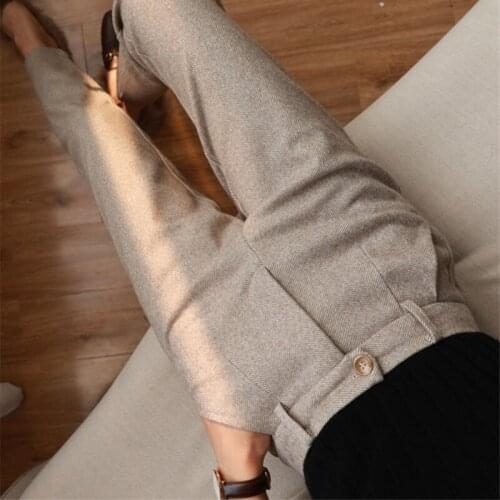Korean Straight Woolen Pant Solid Harem Warm Thick Trousers Women Suit High Waist 2021 Cotton Wide Leg Casual Loose Winter Grey
