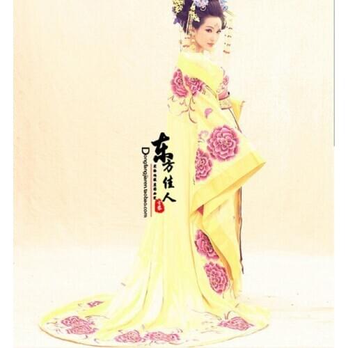 Delicate Embroidery Yellow Empress Costume with Long Tail TV Play Legend of Chinese Empress Wu Meiniang Tang Costume Hanfu