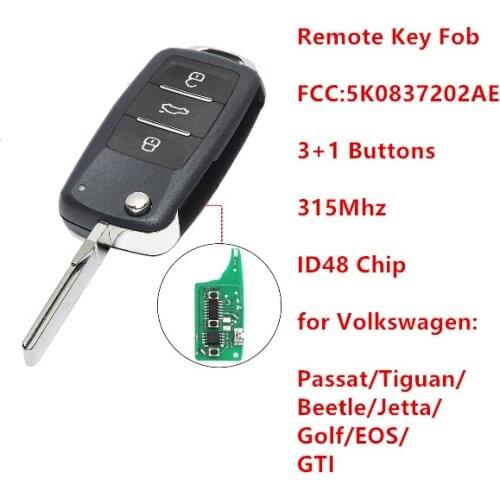 Remote Key 4 Buttons 315MHz ID48 for Volkswagen Beetle Jetta Eos Golf Tiguan GTI 2011 2012 2013 5K0837202AE
