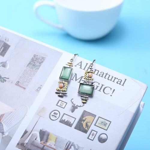 Ethnic Natural Stone Hook Earring Vintage Crystal Dangle Earrings Fashion Two Tone Charm Earring Women Jewelry Gifts