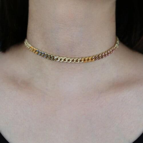 Hip Hop Cuban Chain Necklace Rinbow Color Paved Colorful Cz Dainty Jewelry Wedding Gift for Women 2021 New Summer Style