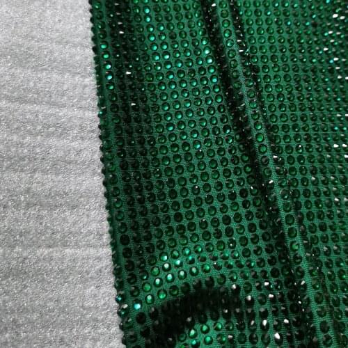 Customized Tailored Dress Luxury Crystal Stones Fabric Hot Fix Green Planet Rhinestone Polyester Spandex Fabric Stretch Elastic