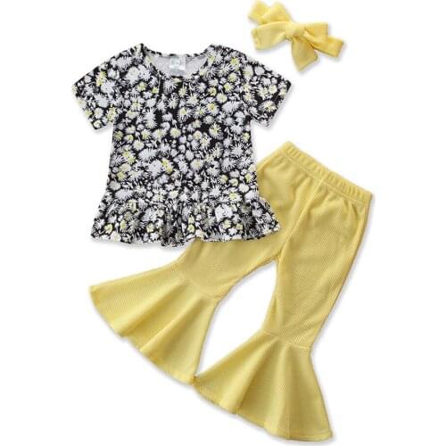 Girl’s Short-sleeved and Trousers Suit Fashion Floral T-shirt and Solid Color Trumpet Long Pants 1-6t