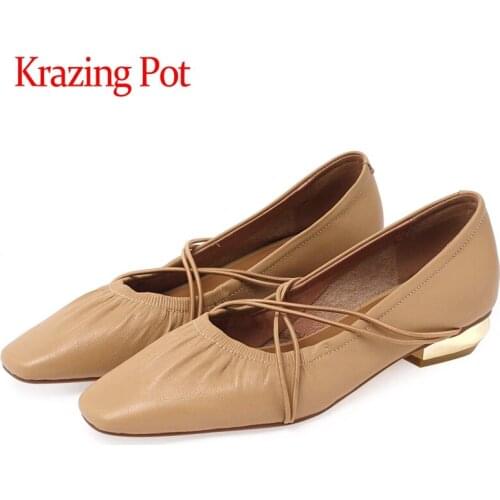 Krazing Pot genuine leather square toe shallow low heel French romantic ballet shoes high street fashion slip on women pumps L50
