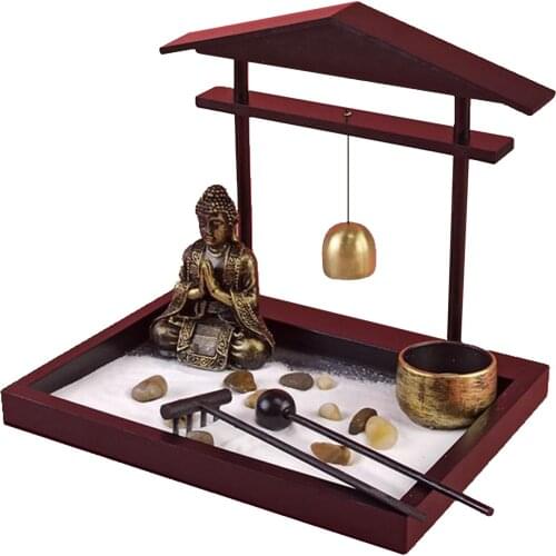 Miniature Buddhist Zen Garden Kit with Statue Incense Burner Rock Sand Rake