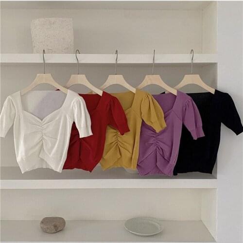 Young and Active Design V Neck Drape Knitwear Short Puff Sleeve Womans Sweater