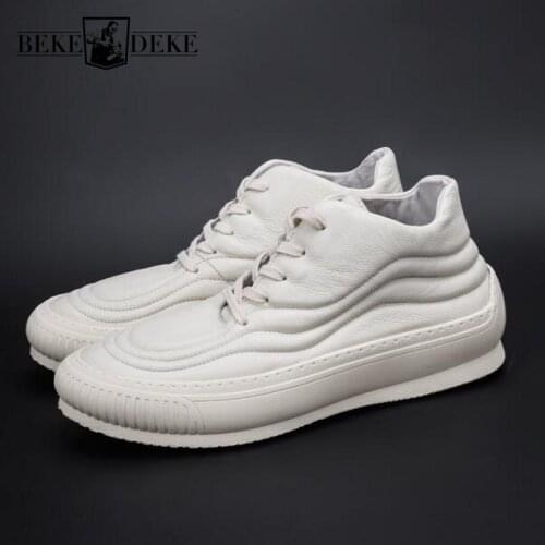 High Top Sneakers Mens Genuine Leather Cowhide Casual Shoes Fashion Spring Autumn Round Toe Lacke Thick Bottom Male Flat Shoes