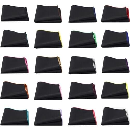 Men Linen Cotton Plain Black Pocket Square Colorful Edge Handkerchief Prom Hanky