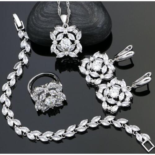 925 Sterling Silver Bridal Jewelry Sets For Women Wedding White Cubic Zirconia Earrings/Ring/Bracelet/Necklace/Pendant Set