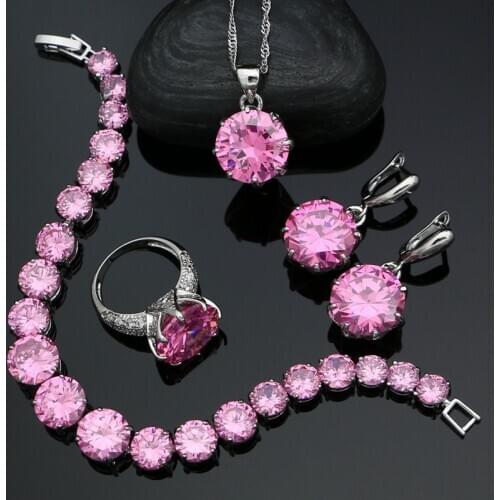 Round Stones 925 Silver Jewelry Sets for Women Pink Cubic Zirconia White Crystal Earrings Pendant Ring Bracelet Necklace Kit