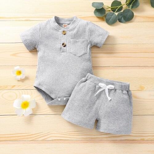 2Pcs Unisex Baby Summer Outfits, Solid Color Short Sleeves Romper + Elastic Waist Shorts for Toddlers, 0-18 Months