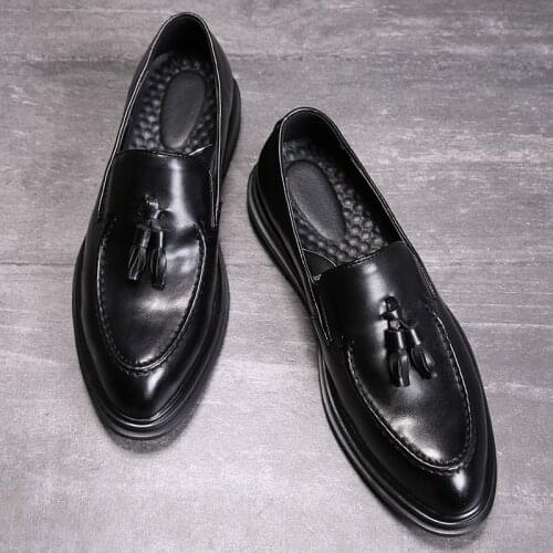 Yomior Leisure Soft Leather Men Casual Shoes Slip-On Tassel Formal Dress Shoes Flats Black Loafers Business Wedding Oxfords