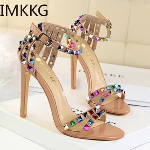 Summer High Heels Valentine Shoes Sexy Sandals Mary Jane Shoes Sandals High Heels Luxury Colorful rivet Sandals Open Toe Heels