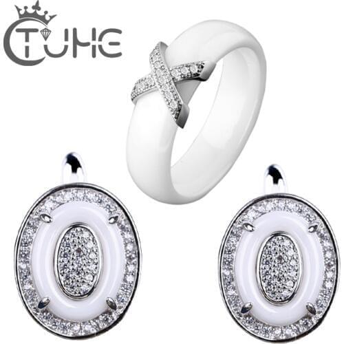 Hot X Cross Rings Egg Shape Stud Earrings Elegant Style Bling Shinny Luruxy Ceramic Women Jewelry Sets Wedding Party Ring Gift