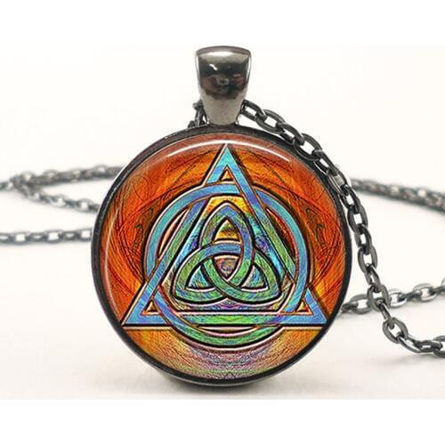 Lucky Charm Vintage Triquetra Pendant Celtic Necklace Woman Man Jewelry Valentines Anniversary Gift Symbolic Amulet Glass Chain