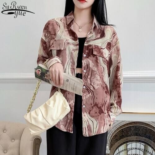 Vintage Hong Kong Style Ink Printed Long Sleeve Womens Shirt Korean Loose Blouse Women Single Breasted Top Streetwear 11875