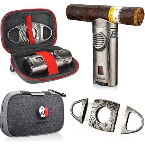 GUEVARA Stainless Steel Cigar Cutter Lighter Windproof 1 Jet Flame Butane Cigar Cigarette Case Accessories for Gift Box