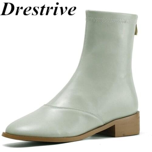 Drestrive Women Ankle Boots Cow Split Leather Round Toe Zipper Big Size 43 2021 Classics Winter Shoes Thick Low Heels