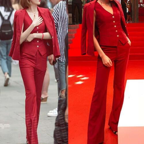 Red 3 Piece Women Formal Party Evening Suits Ladies Blazer Waistcoat Pants Suits Ladies Work Blazer Outfit Pantsuit