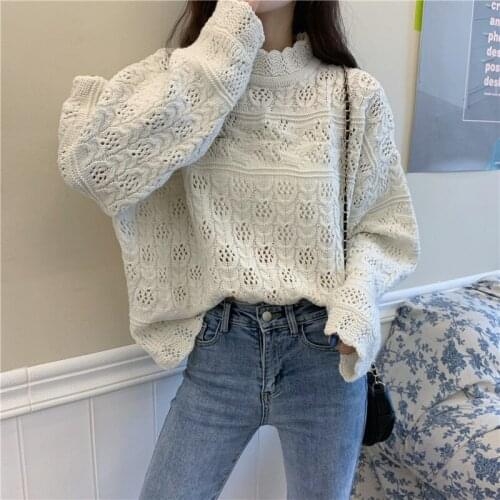 Vintage Sweaters Women Half Turtleneck Loose Hollow Out Pullovers Woman Clothes 2020 Knitted Sueter Mujer Jumper Pull Femme