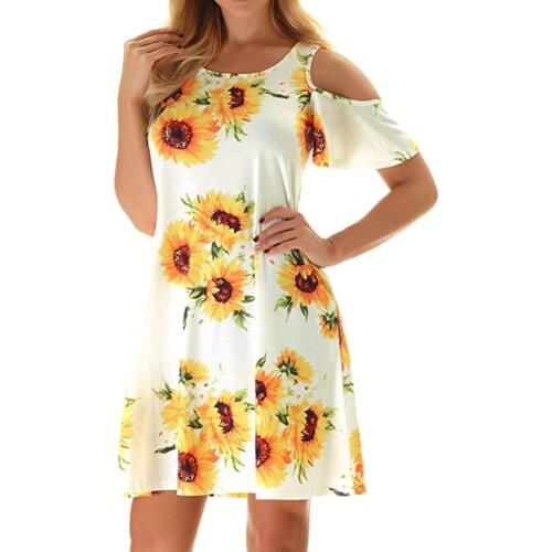 38# Women Sunflower Bohemian Midi Dress Summer Dress Casual Off Shoulder Short Sleeve Flower Print Loose Dresses Ropa Mujer