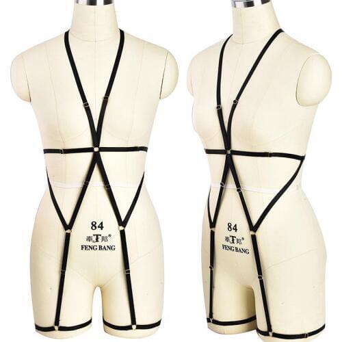 Women Bondage Body Harness Garter Belt Elastic Adjust Sexy Lingerie Harajuku Goth Fetish harness Halloween Top Cage Bra set