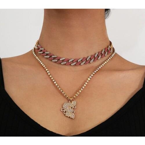 Punk Exaggerated Rhinestone Butterfly Pendant Necklace Women Vintage Multilayer Geometric Thick Chain Necklace Pendant Jewelry