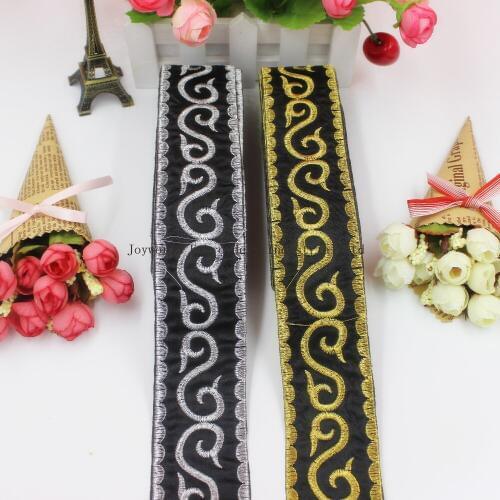 Gold Embroidery Black braid ribbon appliqued lace iron on gold and silver 5cm